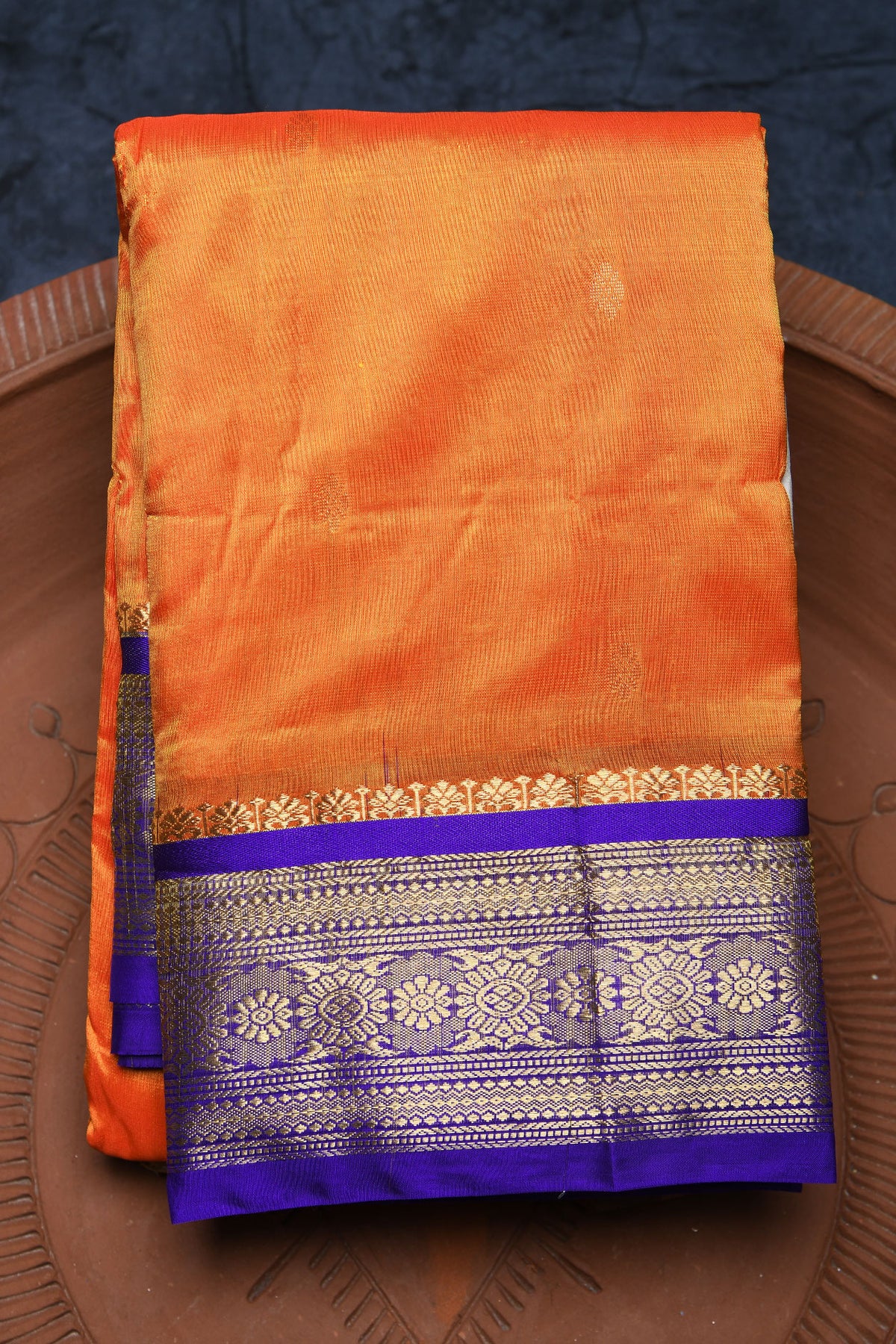 Contrast Traditional Zari Border With Floral Buttis Bright Orange Kanchipuram Silk Saree
