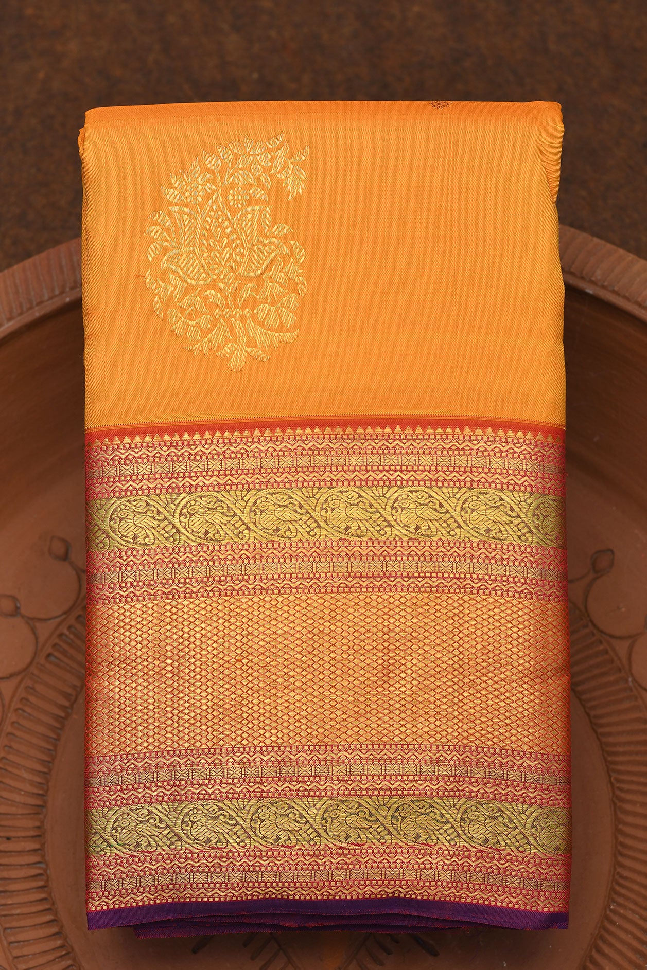 Paisley Buttas With Traditional Zari Border Mango Yellow Kanchipuram Silk Saree