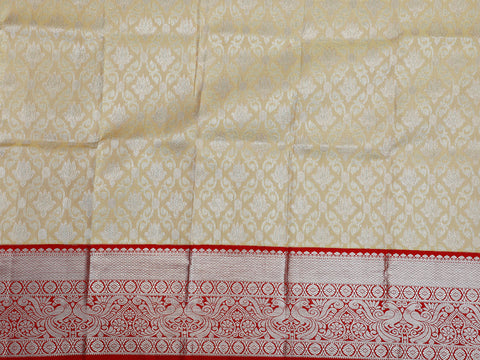 Contrast Zari Border In Brocade Cream Color Kanchipuram Silk Unstitched Pavadai Sattai Material