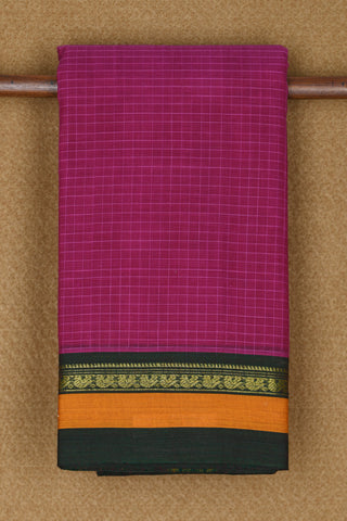 Contrast Zari Border In Checks Magenta Purple Semi Gadwal Cotton Saree