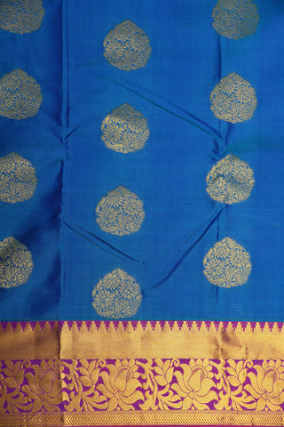 Contrast Zari Border In Floral Butta Blue Kanchipuram Silk Saree