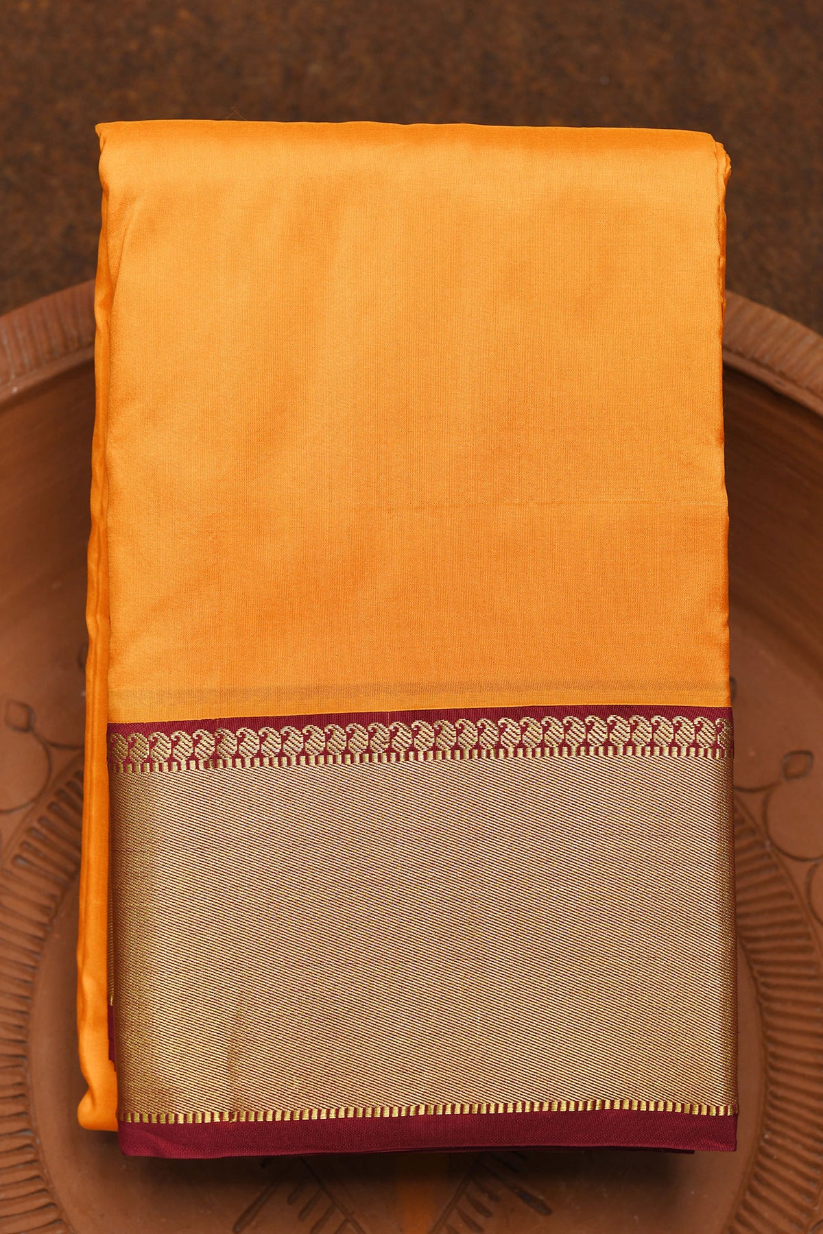 Contrast Zari Border In Plain Marigold Yellow Kanchipuram Silk Saree