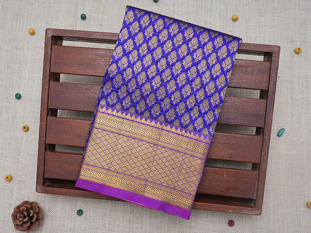 Contrast Zari Border With Allover Floral Motifs Royal Blue Pavadai Sattai Material