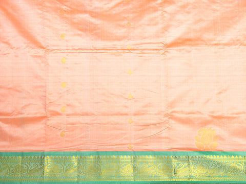Contrast Zari Border With Bindi Buttis Peach Orange Kanchipuram Silk Unstitched Pavadai Sattai Material