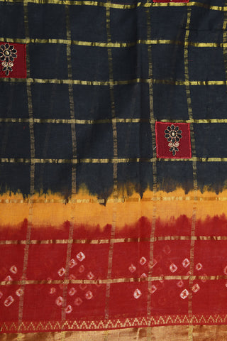 Contrast Zari Border With Checks And Embroidered Black Batik Printed Ahmedabad Cotton Saree