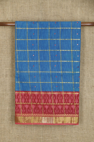 Contrast Zari Border With Checks And Mirror Work Cerulean Blue Batik Printed Ahmedabad Cotton Saree