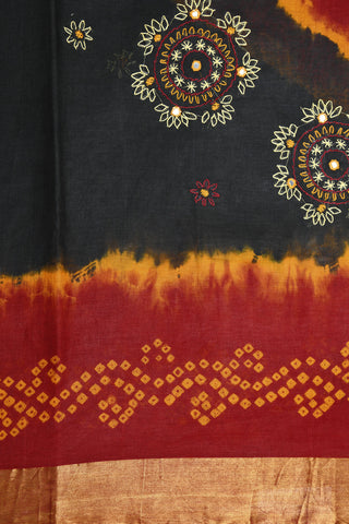 Contrast Zari Border With Embroidered Design Black Batik Printed Ahmedabad Cotton Saree