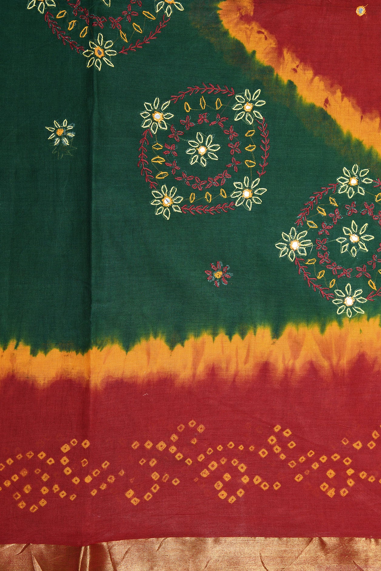 Contrast Zari Border With Embroidered Design Green Batik Printed Ahmedabad Cotton Saree