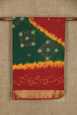 Contrast Zari Border With Embroidered Design Green Batik Printed Ahmedabad Cotton Saree