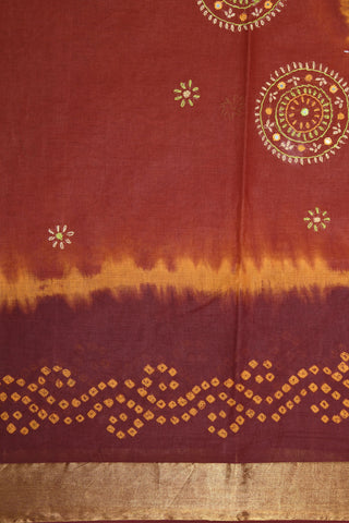 Contrast Zari Border With Embroidered Ochre Orange Batik Printed Ahmedabad Cotton Saree