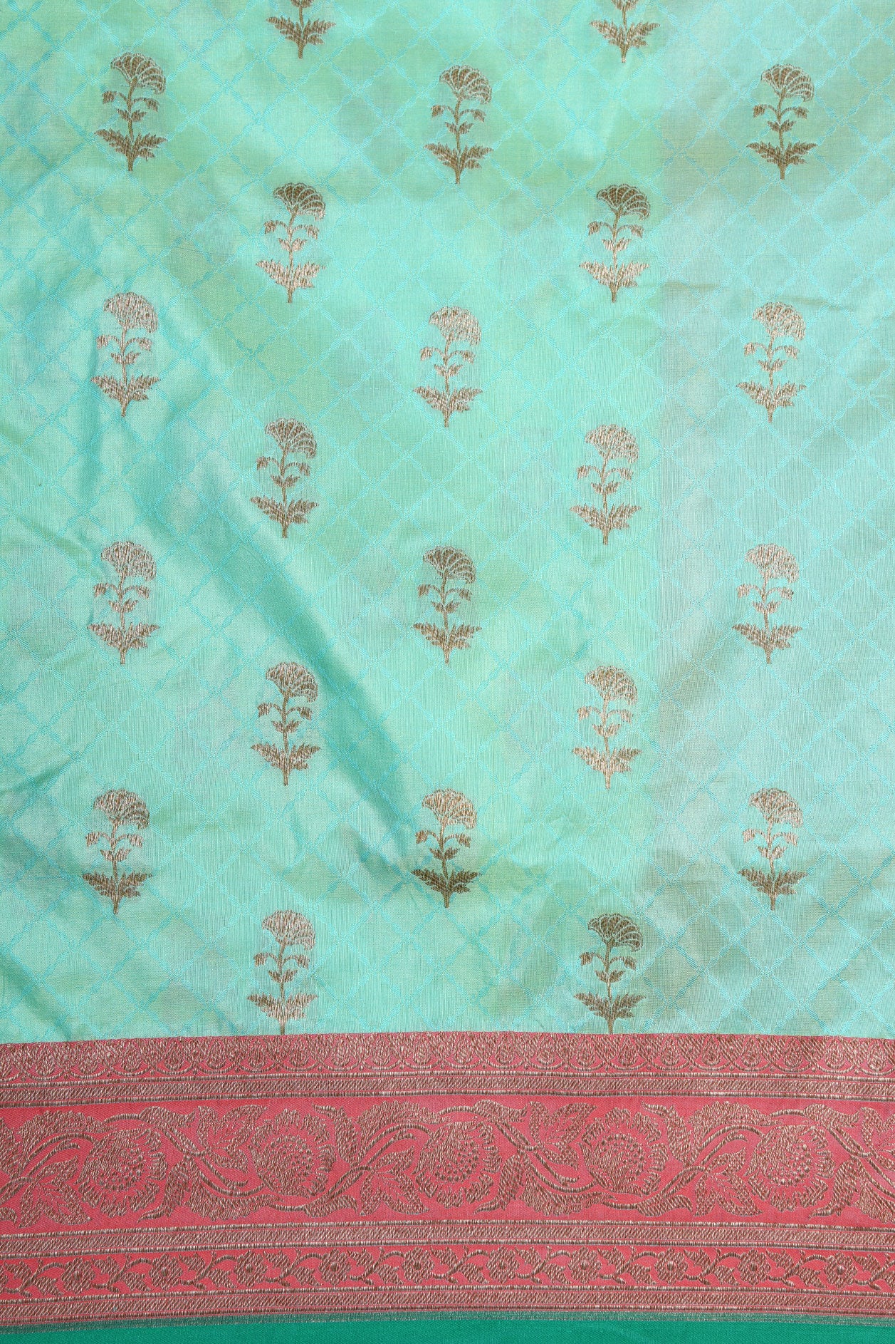 Contrast Zari Border With Floral Butta Mint Green Banaras Silk Saree