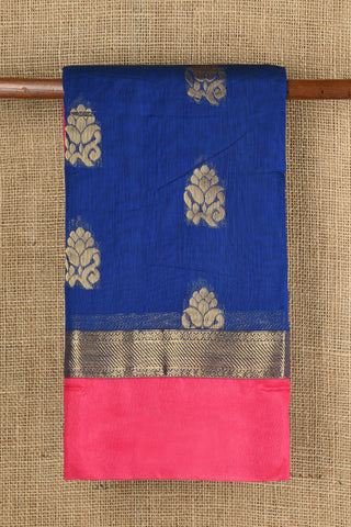 Contrast Zari Border With Floral Butta Navy Blue Semi Kora Silk Cotton Saree