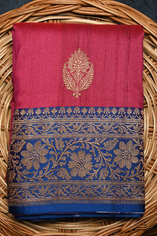 Contrast Zari Border With Floral Buttas Magenta Pink Banaras Tussar Silk Saree