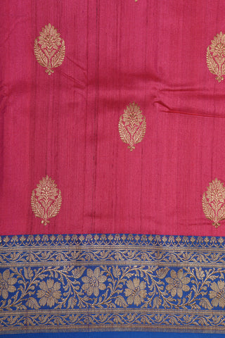 Contrast Zari Border With Floral Buttas Magenta Pink Banaras Tussar Silk Saree