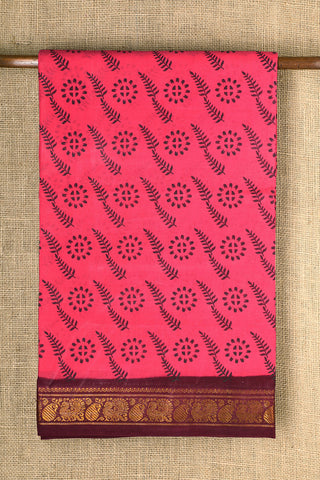 Contrast Zari Border With Floral Design Rani Pink Sungudi Cotton Saree