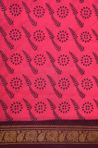Contrast Zari Border With Floral Design Rani Pink Sungudi Cotton Saree