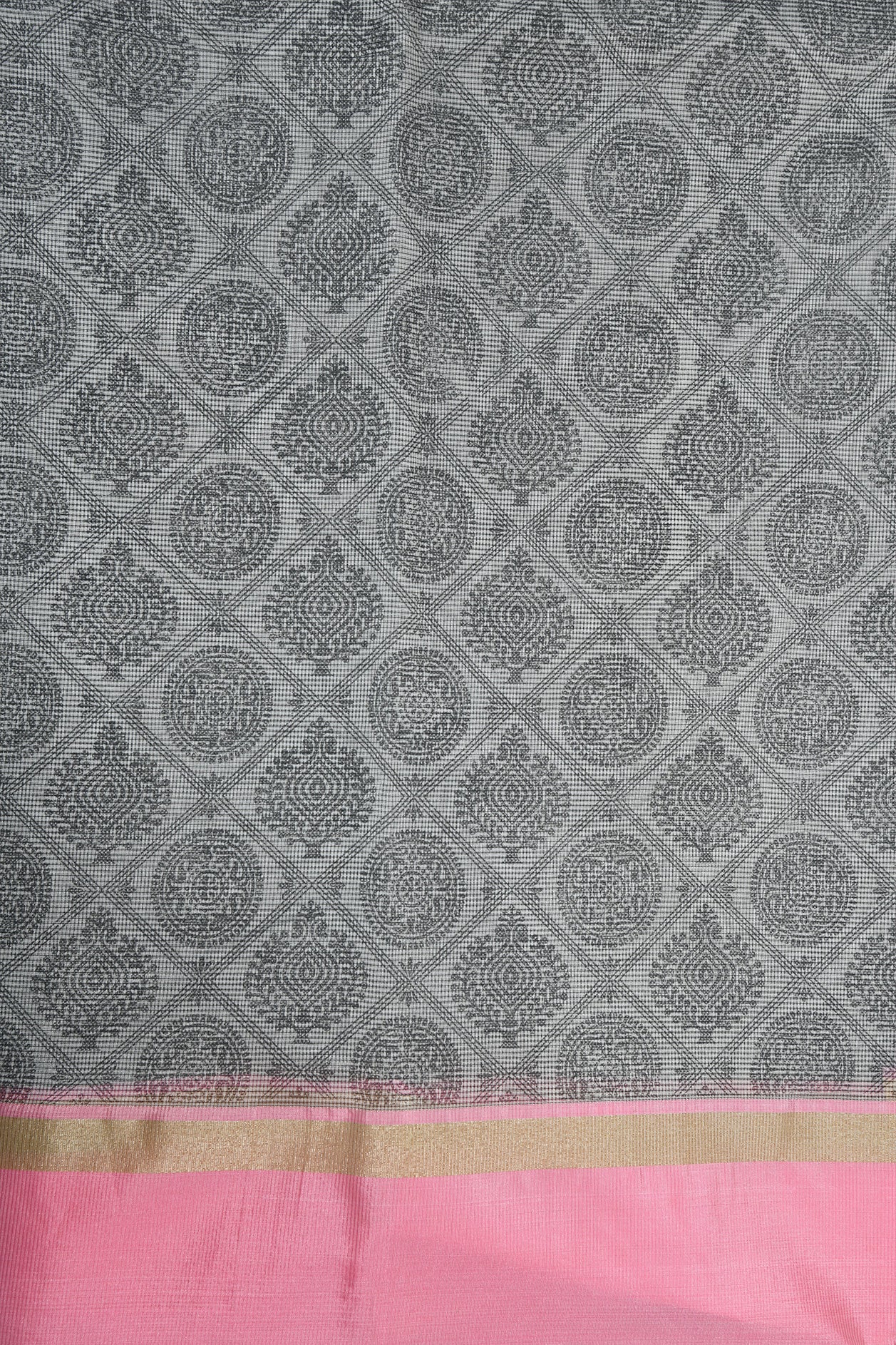 Contrast Zari Border With Geometric Pattern Grey Semi Kota Cotton Saree