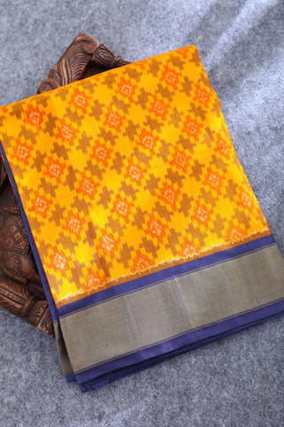 Contrast Zari Border With Geometric Pattern Yellow Pochampally Silk Saree