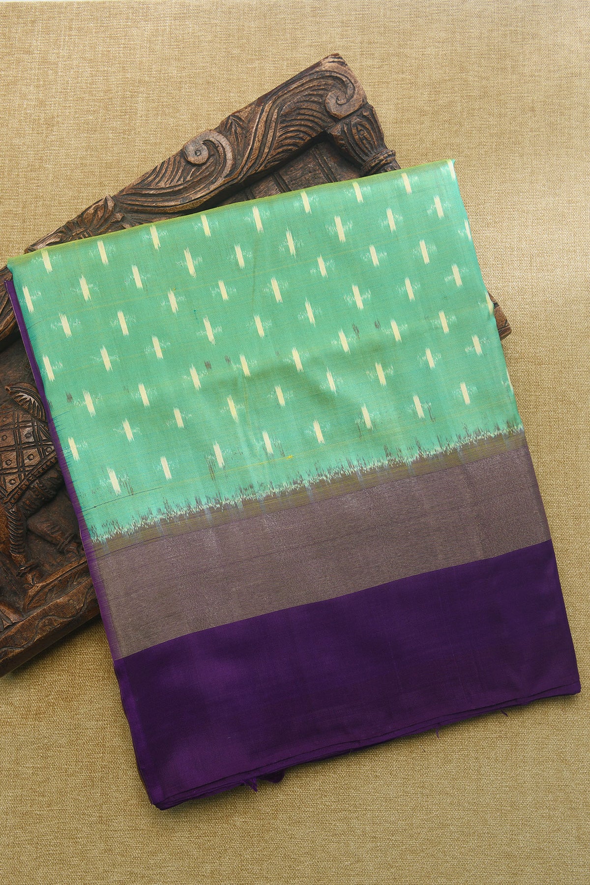Contrast Zari Border With Ikat Design Mint Green Pochampally Silk Saree