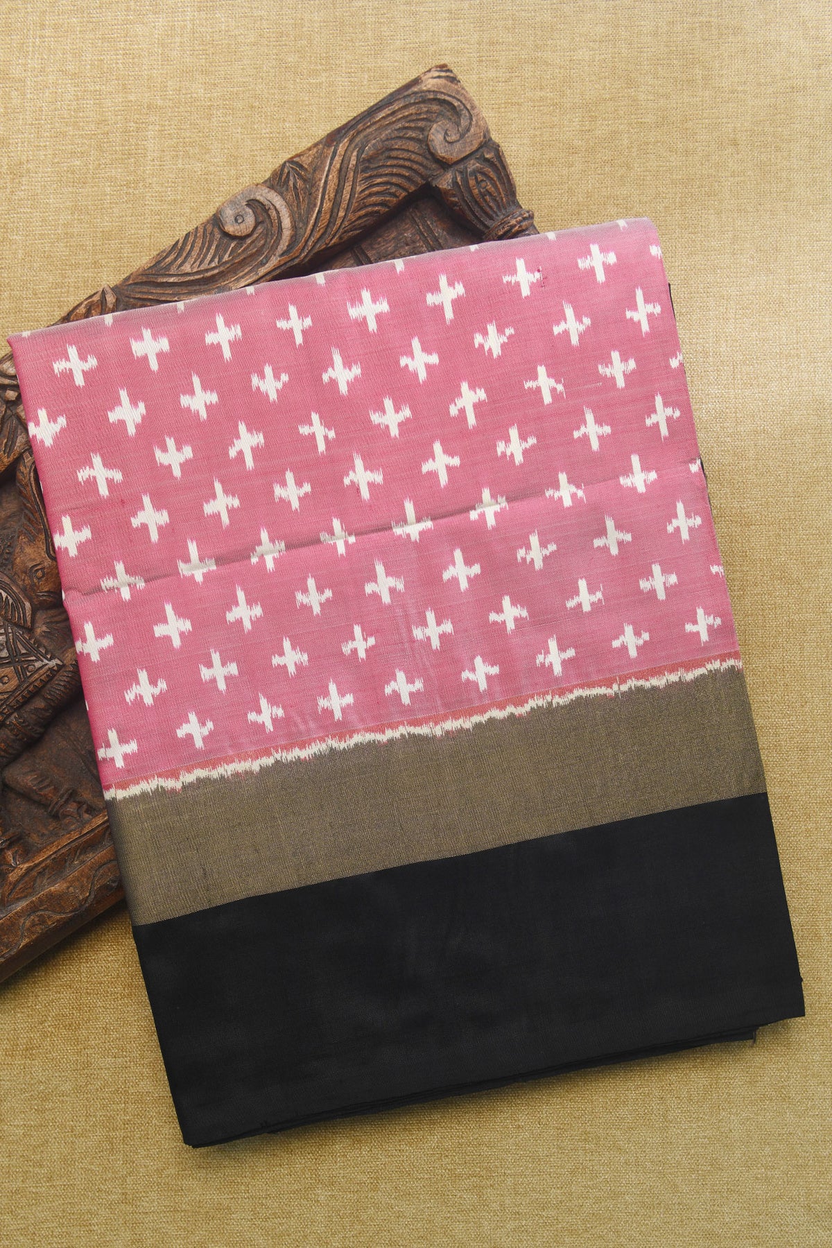 Contrast Zari Border With Ikat Design Soft Pink Pochampally Silk Saree