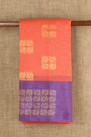 Contrast Zari Border With Leaf Butta Bright Orange Semi Kora Silk Cotton Saree