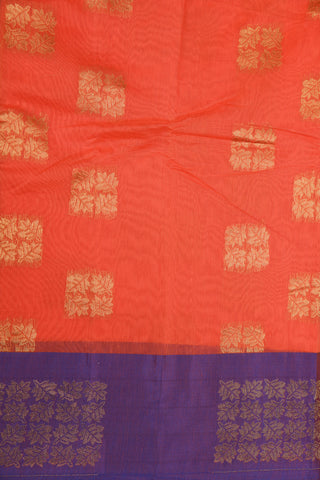 Contrast Zari Border With Leaf Butta Bright Orange Semi Kora Silk Cotton Saree