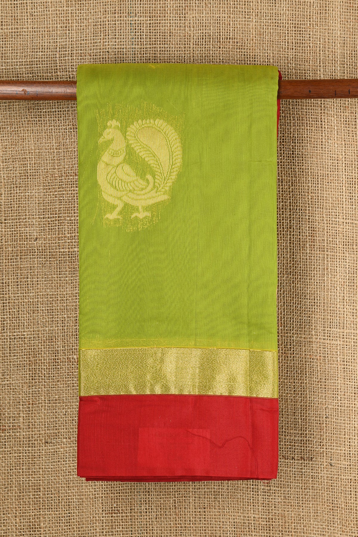 Contrast Zari Border With Peacock Butta Pear Green Semi Kora Silk Cotton Saree