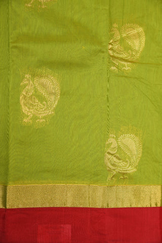 Contrast Zari Border With Peacock Butta Pear Green Semi Kora Silk Cotton Saree