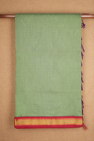 Contrast Zari Border With Self Stripes Light Sage Green Kalyani Cotton Saree