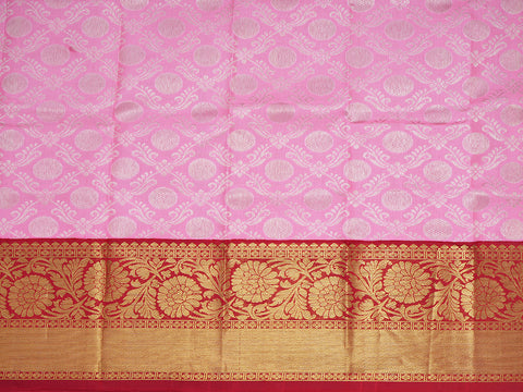 Contrast Zari Border With Silver Zari Ogee Design Pink Pavadai Sattai Material