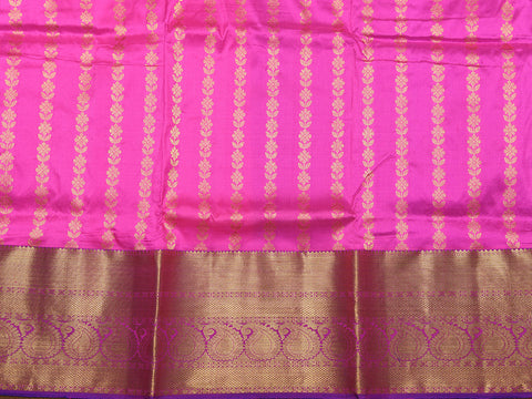 Contrast Zari Border With Vertical Stripes Hot Pink Kanchipuram Silk Unstitched Pavadai Sattai Material