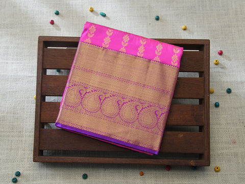 Contrast Zari Border With Vertical Stripes Hot Pink Kanchipuram Silk Unstitched Pavadai Sattai Material