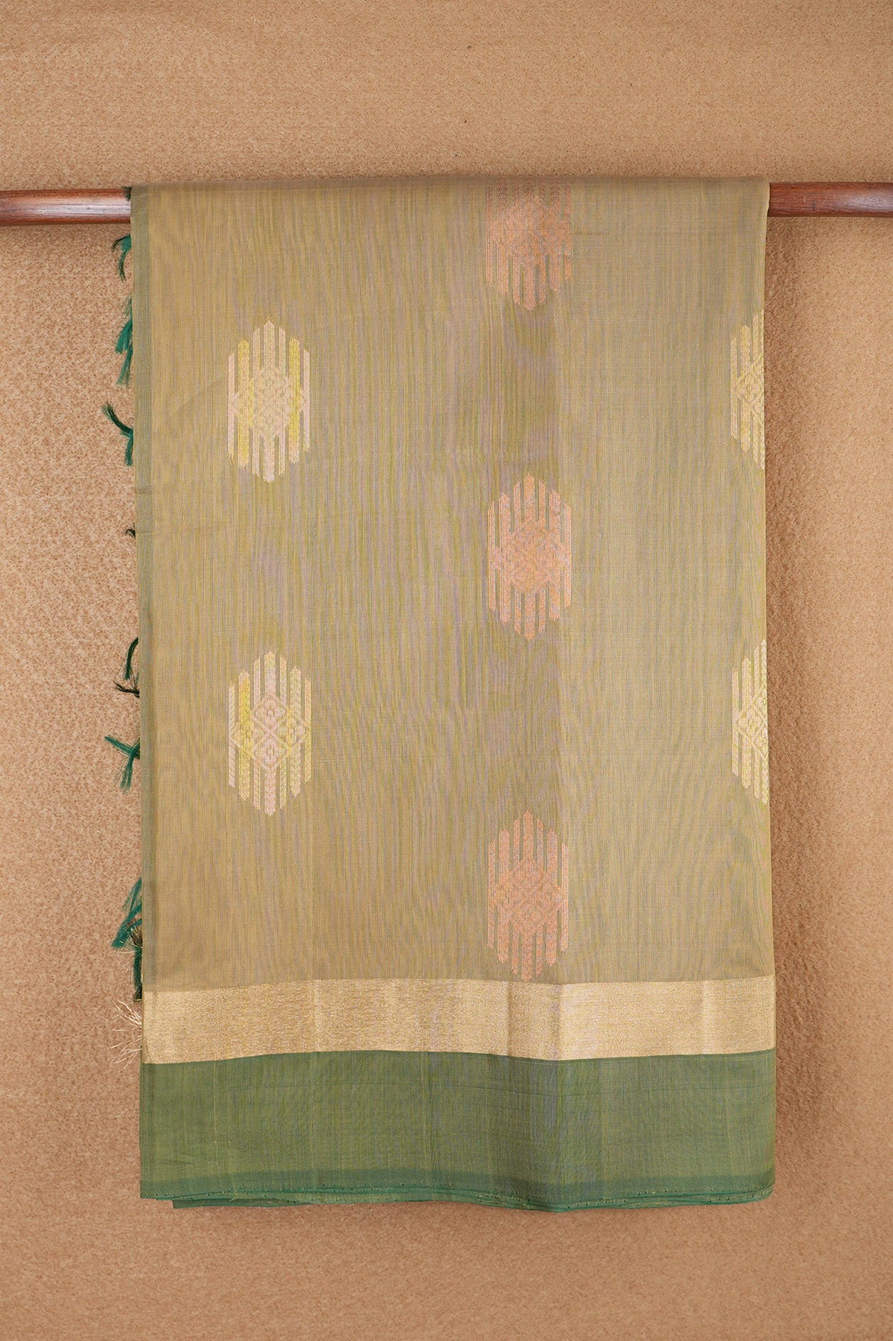Copper And Gold Zari Floral Motifs Khaki Kora Silk Cotton Saree