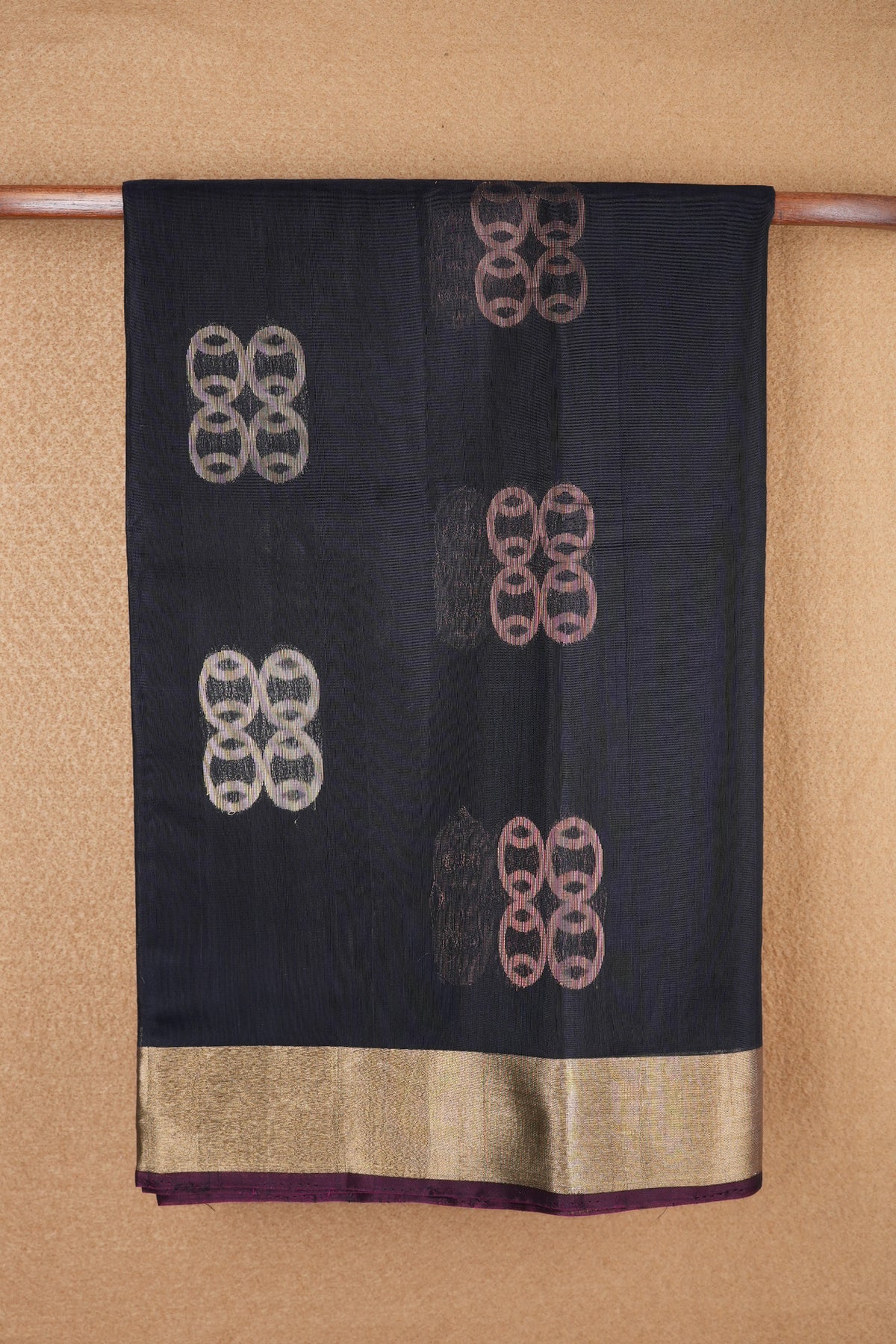 Copper And Gold Zari Motifs Black Kora Handloom Silk Cotton Saree