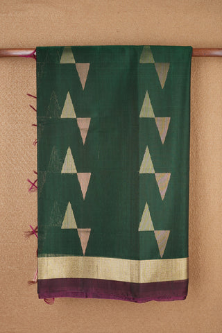 Copper And Gold Zari Motifs Forest Green Kora Handloom Silk Cotton Saree