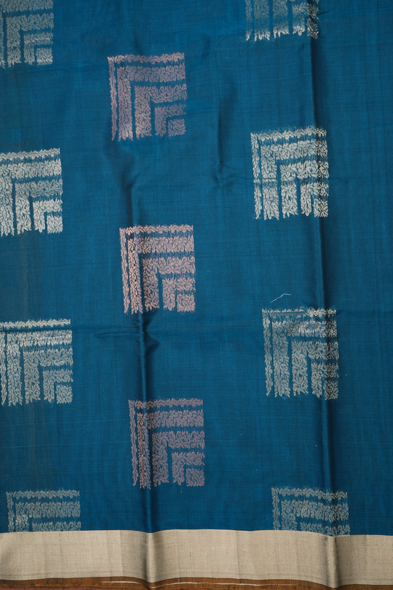 Copper And Gold Zari Square Motifs Capri Blue Kora Silk Cotton Saree