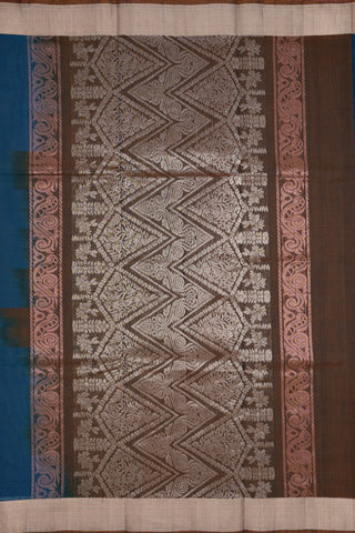 Copper And Gold Zari Square Motifs Capri Blue Kora Silk Cotton Saree