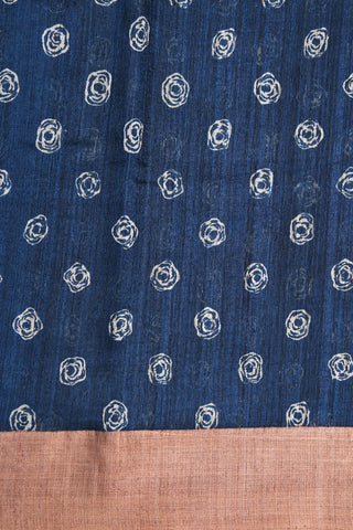 Copper Tissue Border With Round Design Printed Peacock Blue Linen Tussar Silk Saree