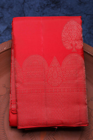 Copper Zari Fancy Border With Tree Motif Tomato Red Kanchipuram Silk Saree