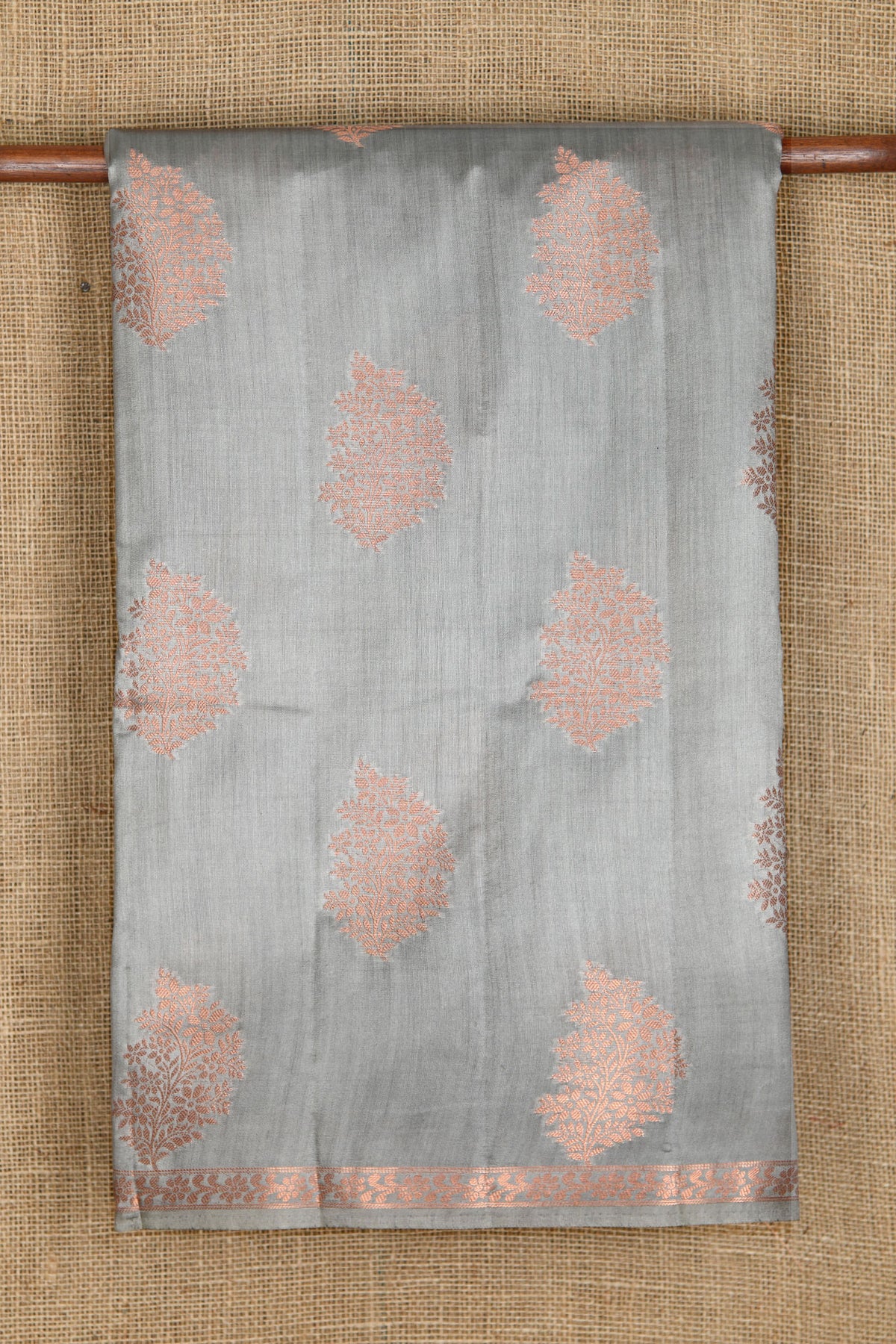 Copper Zari Floral Buttas Grey Raw Silk Saree