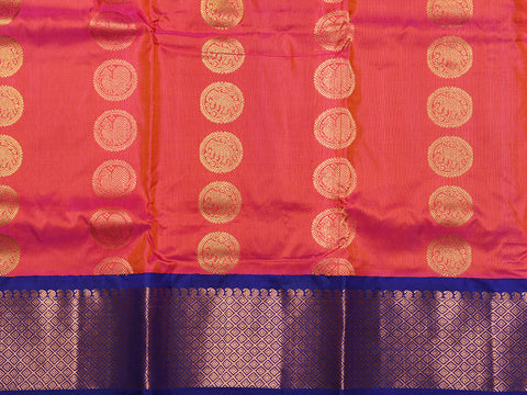 Copper Zari Korvai Border With Animal Motifs Rani Pink Kanchipuram Silk Unstitched Pavadai Sattai Material