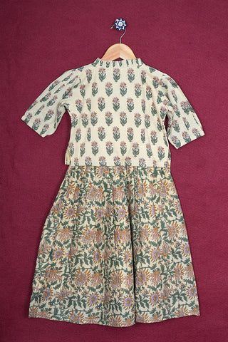 Pleated Neck And Sleeves Beige Block Printed Jaipur Cotton Pavadai Sattai