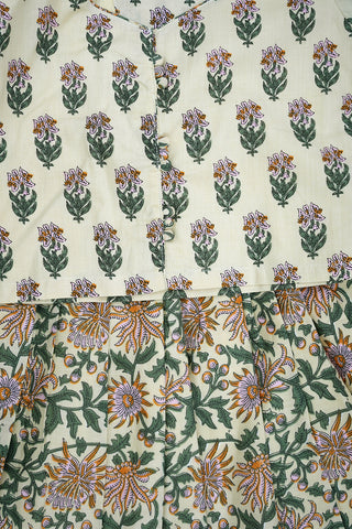 Pleated Neck And Sleeves Beige Block Printed Jaipur Cotton Pavadai Sattai