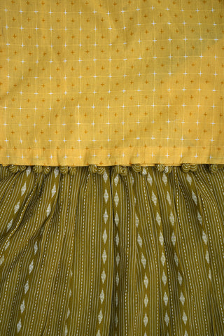 V Neck Potli Button Detailing Yellow And Moss Green Sleeveless Dobby Cotton Pavadai Sattai