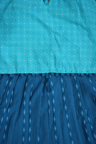 V Neck Potli Button Detailing Sky Blue And Denim Blue Sleeveless Dobby Cotton Pavadai Sattai