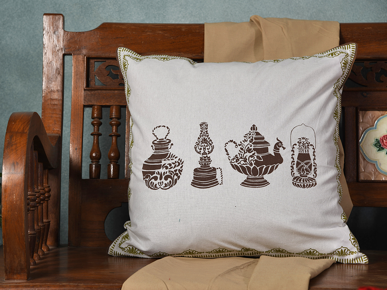 Traditional Lamp And Utensils Printed Cotton Cushion Cover