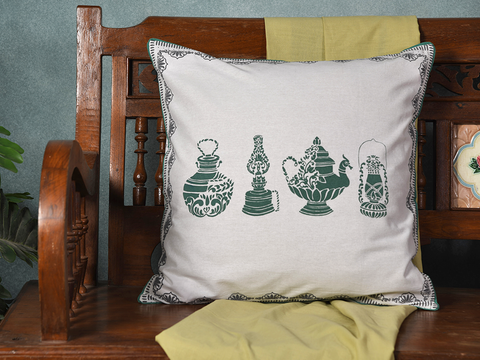 Traditional Lamp And Utensils Printed Cotton Cushion Cover
