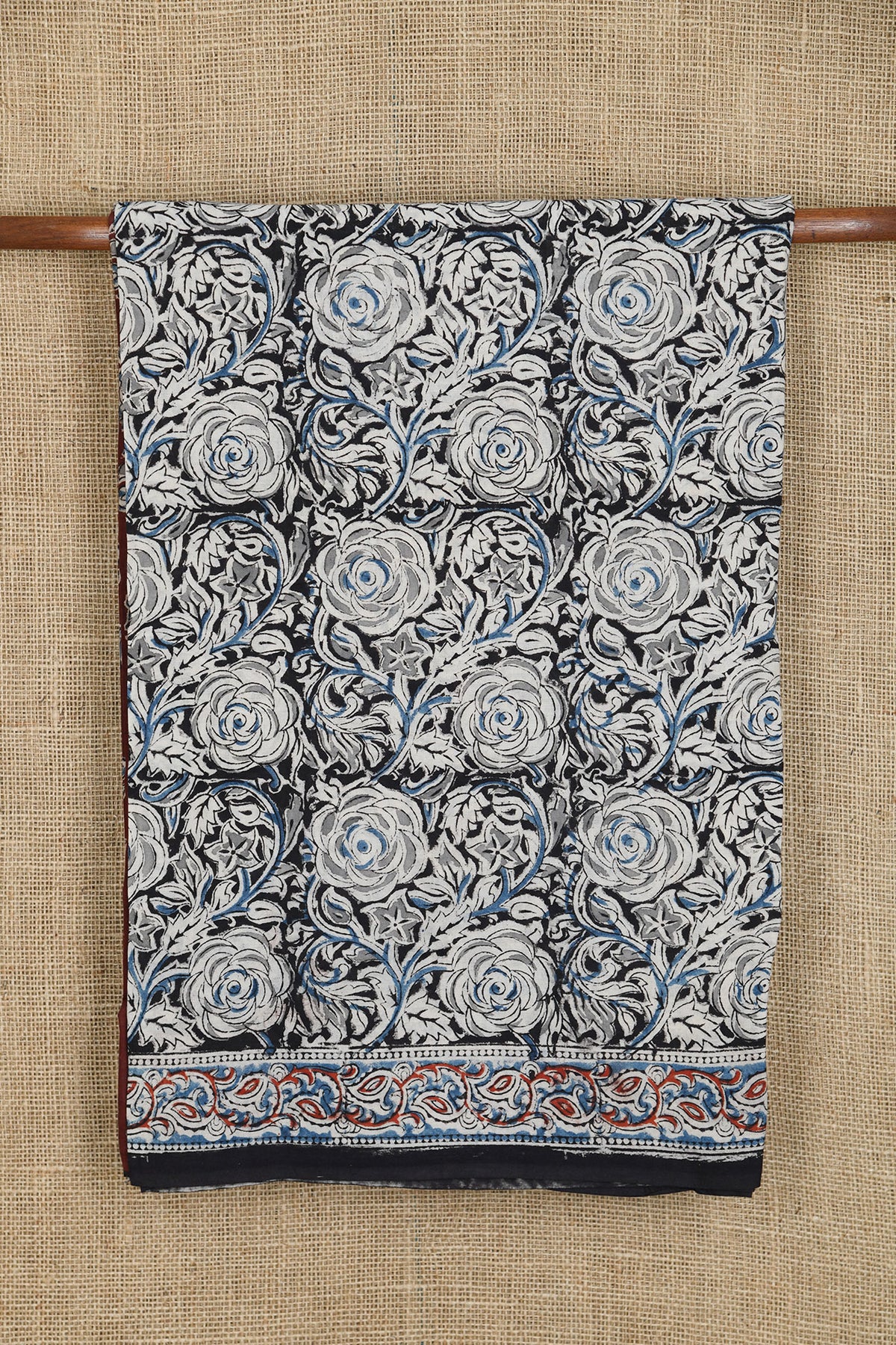 Floral Design Black Kalamkari Printed Cotton Saree