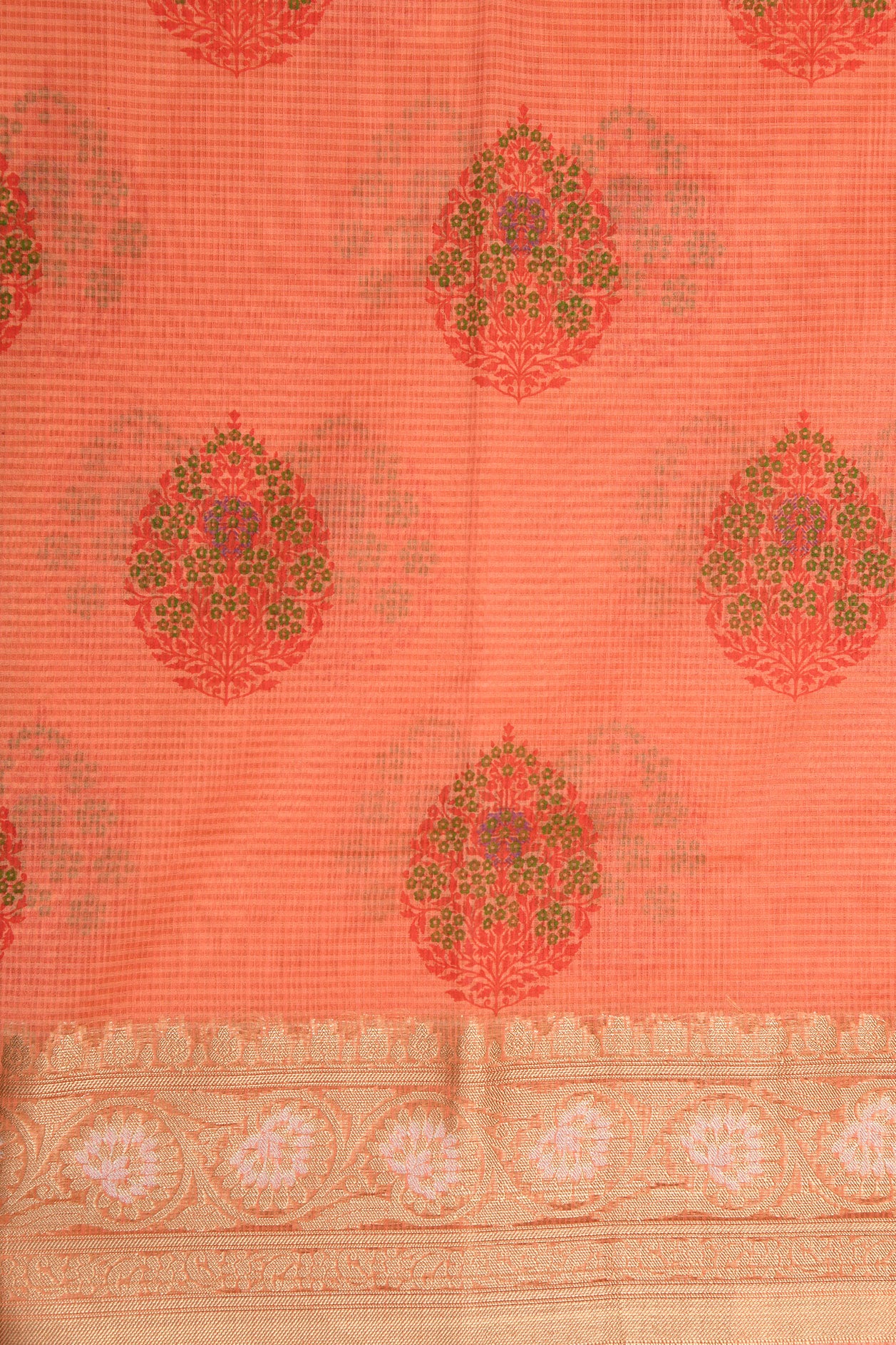 Creepers Zari Border In Floral Design Peach Orange Semi Kota Cotton Saree