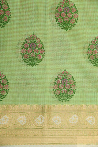 Creepers Zari Border With Floral Design Green Semi Kota Cotton Saree